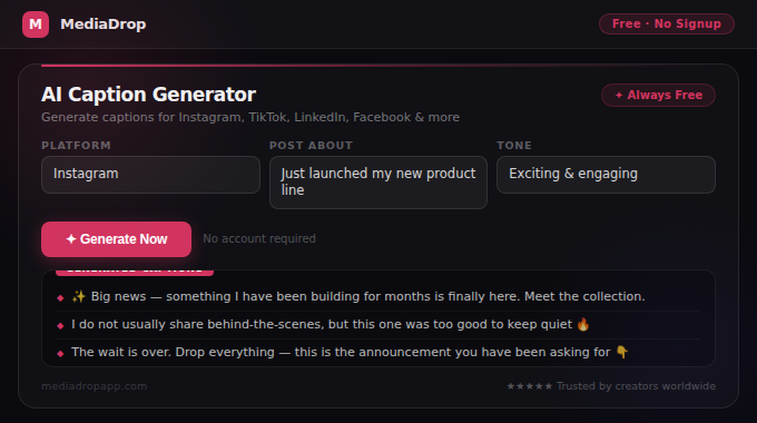 AI Caption Generator tool screenshot