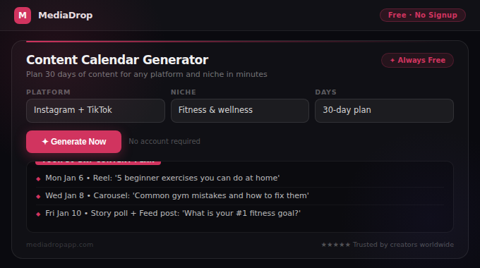 Content Calendar Generator tool screenshot