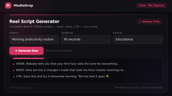 Reel Script Generator tool screenshot