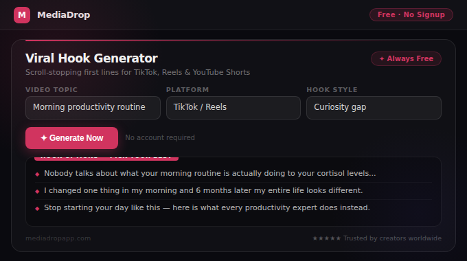 Viral Hook Generator tool screenshot