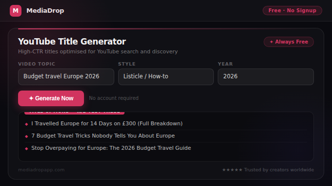 YouTube Title Generator tool screenshot